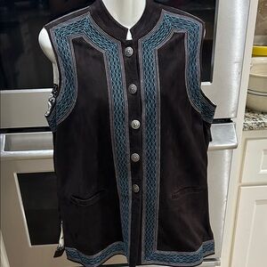 Vintage Embroidered Brown and Aqua Blue Leather Women's Vest